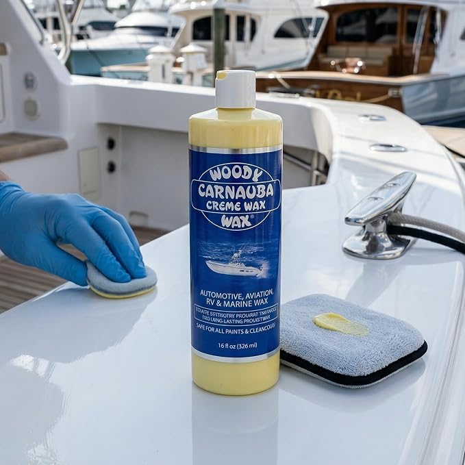 Woody Wax Carnauba Creme Wax, High-Gloss for Marine, RV & Aviation | UV Protection for Paint & Clear Coat, Detergent Resistant Polymers, Covers Light Scratches and Removes Oxidation, 16 oz