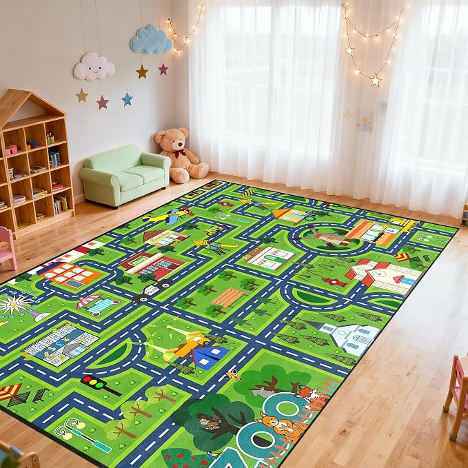 Car Rug Kids Play Mat for Toy Cars, City Life Road Map Area Rug for Playroom Bedroom, Non Slip Backing Floor Carpet with Zoo Airport Design, Educational Traffic Track Game Mat