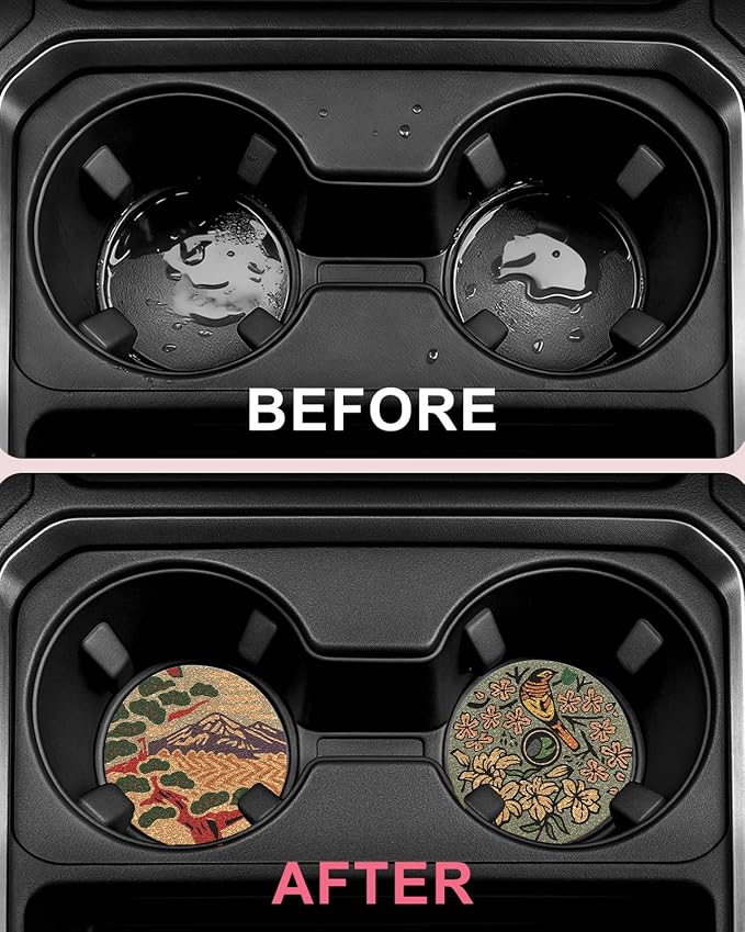 Swooflia Car Coasters for Women - Japanese Painting Cork Car Cupholder Coaster Cool Absorbent Mat Coaster with Cork Base 2 Pack Automotive Cup Holder Accessories New Driver Gifts for Decor