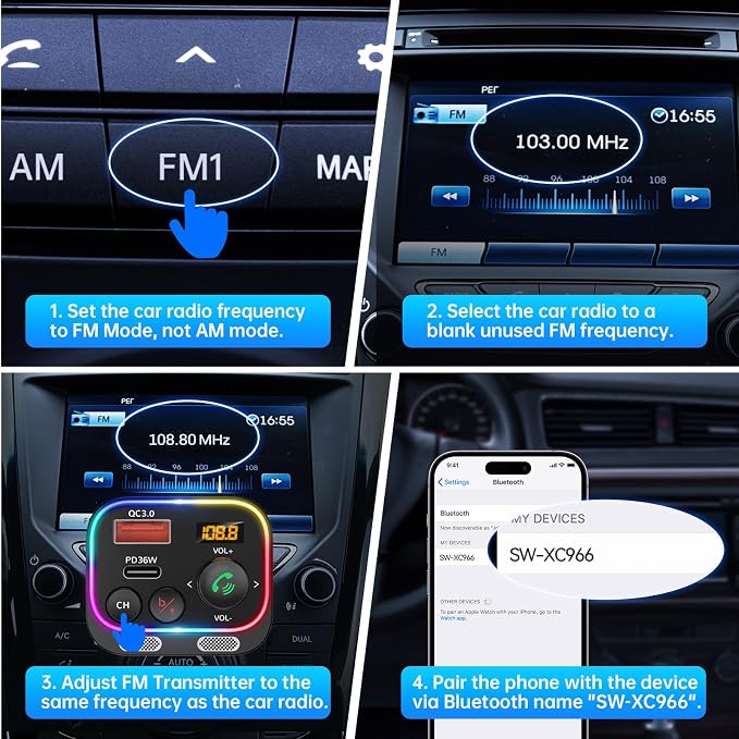 Syncwire Bluetooth 5.4 FM Transmitter Car Adapter 54W with Light Switch | [Stronger Dual Mics] [HiFi Bass Sound] [Fast Charging] Wireless Radio Receiver Hands-Free Calling LED Display