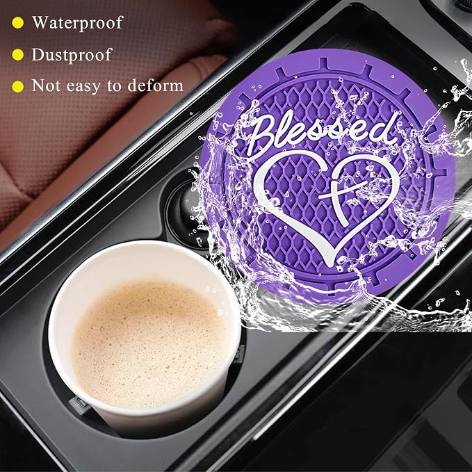 KVAEY 2 PCS Car Cup Holder Coasters, 2.76 Inch Anti Slip Vehicle Drink Mats with Cute Blessed Cross and Heart, Shockproof, Universal Car Accessories (Purple, 4 PCS)