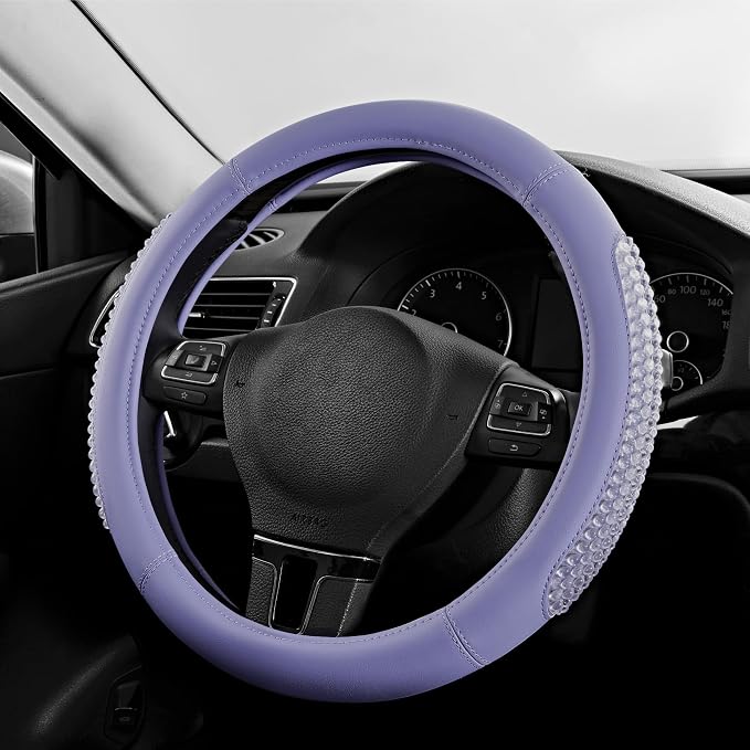 PIC AUTO Steering Wheel Cover, Glitter Gel Particles & Purple Luxury Leather Car Steering Cover, Universal Fit 14.5"-15.5" Anti-Slip Car Wheels Cover for Girls & Women