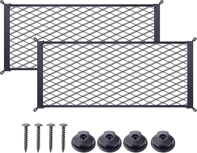 2 Pcs Universal Stretch Mesh Car Mesh Bag with Screws and Hooks for Trunk RV Boats Home Cargo Storage (21.7'' x 9.8'')