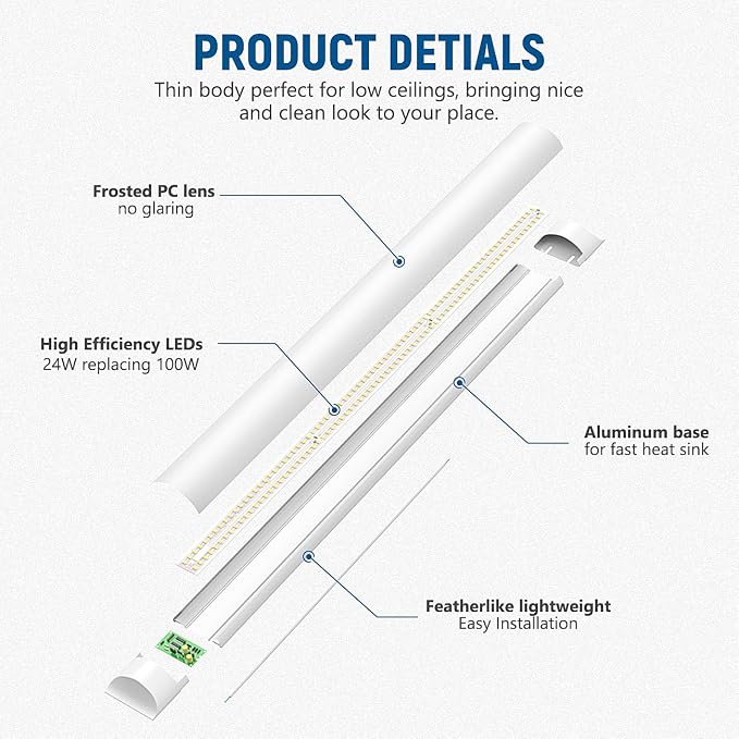 DAKASON 8-Pack 3FT LED Garage Lights Ceiling Mount, 3Foot LED Ceiling Light Fixture Flush Mount 24W 2880lm, Hardwired Flat Panel Light, Tube Light 3/4/5000K Adjustable