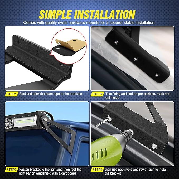 Nilight 2PCS 50 inch Curved LED Light Bar Bracket at Upper Windshield Roof Cab for 1984-2001 Jeep Cherokee XJ & 1986-1992 Comanche MJ