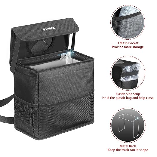 Ryhpez Car Trash Can with Lid - Car Accessories for Women Men, Vehicle Trash Bin Storage Bag, Truck Garbage Can Foldable with Metal Rack Support for Back Seat Hanging (2.4 Gallon/9L)