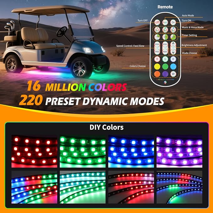 DREAMOTOR 4PCS Golf Cart Underglow LED Light Strip Dream Color Neon Accent Lighting Kit APP/Remote Control Sound Active Music Sync Waterproof 12V-65V Input Compatible with EZGO Yamaha Club Car