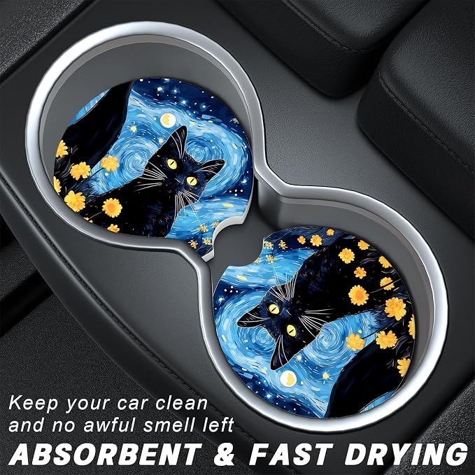 Aiawoxc Car Cup Holder Coasters, 2 Pack Universal Auto Anti Slip Insert Coaster with A Finger Notch, Cup Mat for Most Car Interior, Starry Sky Cat