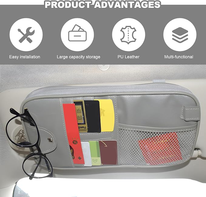 Car Sun Visor Organizer, Multi-Purpose Visor Storage Holder with Elastic Bands & Glasses Clip, Multi-Pocket Sunshade Organizer Soft Leather Storage Pouch for Car Truck SUV (Black)
