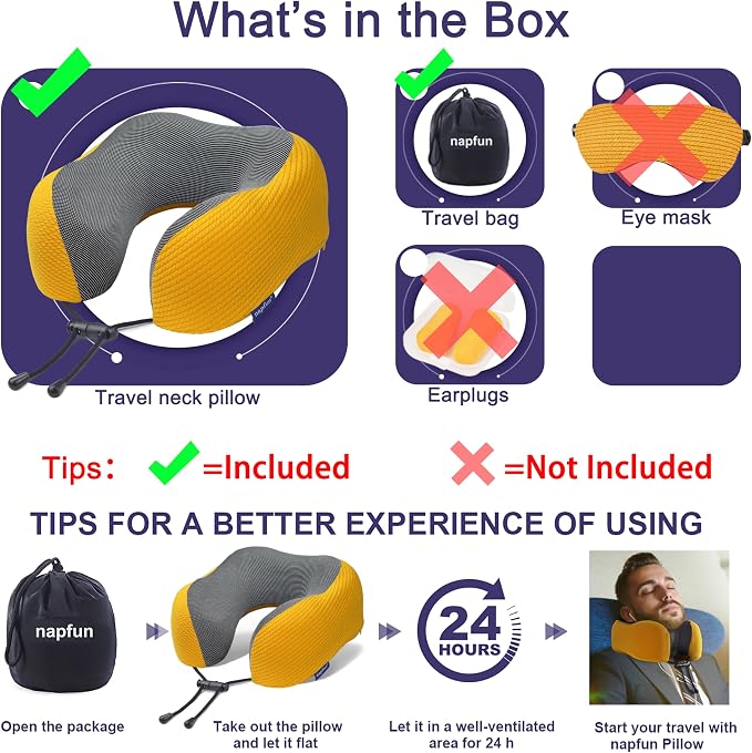 napfun Neck Pillow for Traveling, Upgraded Travel Neck Pillow for Airplane 100% Pure Memory Foam Travel Pillow for Flight Headrest Sleep, Portable Plane Accessories, Yellow
