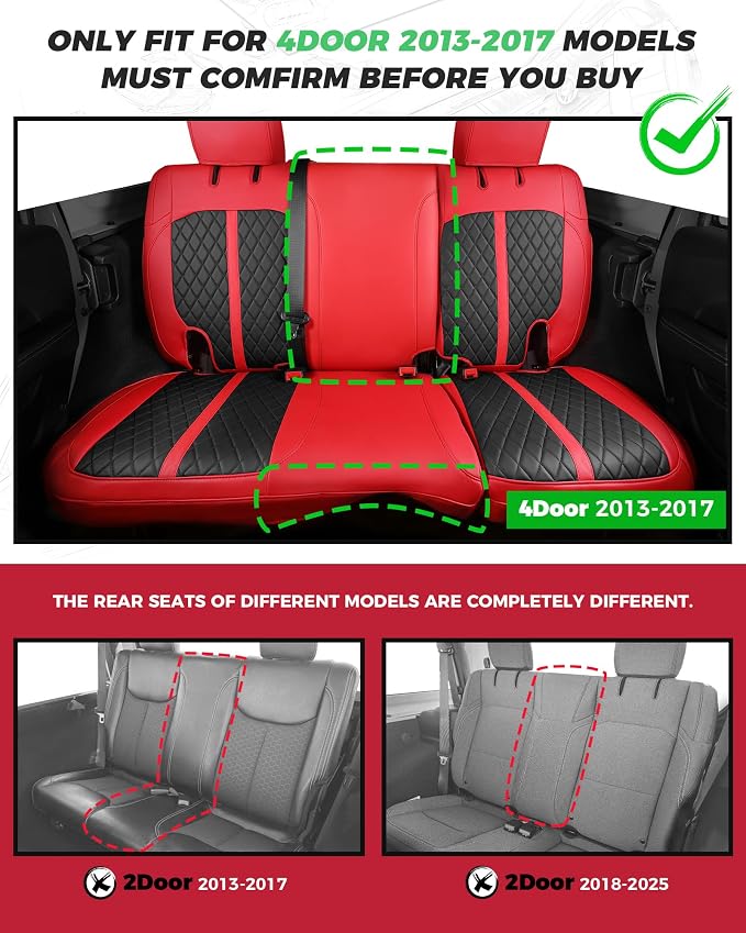 for Jeep Wrangler Seat Covers 4Door JK 2013 2014 2015 2016 2017, Custom Fit Car Seat Cover Full Set, Luxury Leather Seat Protectors, Waterproof SUV Interior Cushions Accessories, Red Black