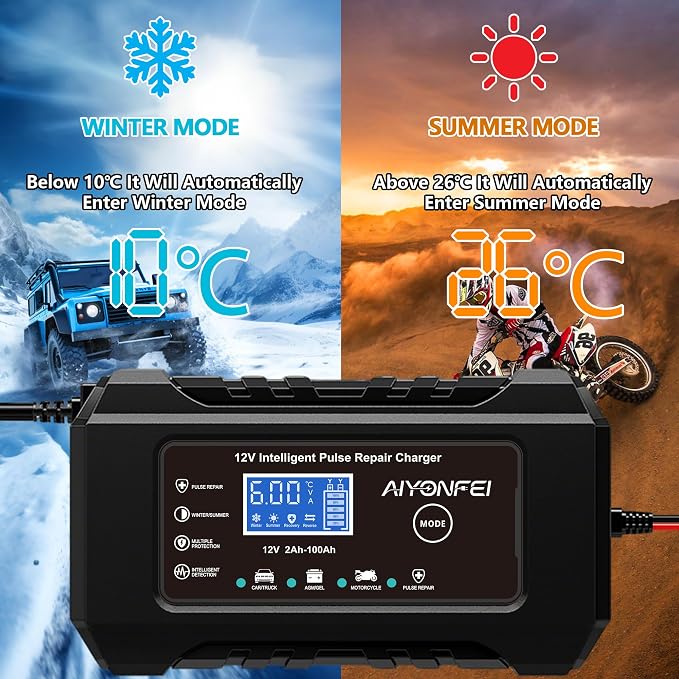 6A 12V Car Battery Charger Smart Maintainer Trickle Charger, Black | Smart Battery Desulfator, Temperature Compensation, for Car Truck Motorcycle, Lawn Mower Marine