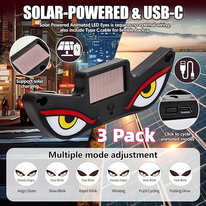 Solar Demon Eye LED Car Wireless Window Light, 3Pack LED Wireless Ambient Lamp with 6 Lighting Modes,Flicker Signal Warning Light RGB Led Light Kit for Cars, SUVs, Trucks, Vans