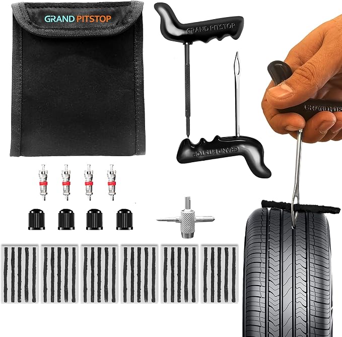 GRAND PITSTOP 27 Pcs Universal Tire Repair Kit, Heavy Duty Car Emergency Tool Kit for Flat Tire Puncture Repair, Compact Kit for Autos, Cars, Motorcycles, Trucks, RVs, etc. (30 Strips)
