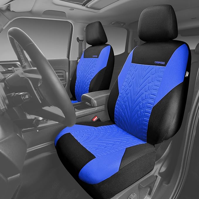 CAR PASS Car Seat Covers Two Front Only for Car, 3D Tyre Print Automotive Interior Covers, Airbag Compatible, Quick Setup Universal Fit Seat Covers for Car, Truck, SUV(Black and Blue)