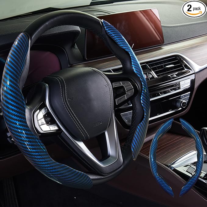 WOCOCN 2pcs Car Steering Wheel Cover,Anti-Skid Carbon Fiber Steering Wheel Protector for Men Women,Multiple Color Options,Universal for Most Car Interiors Accessories (Bright Bule)