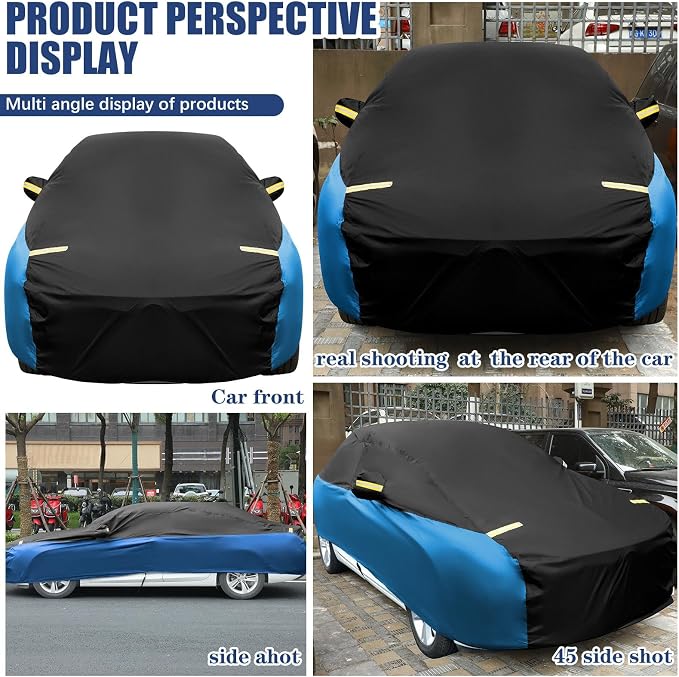 Riakrum Full Car Cover Waterproof All Weather for Automobiles Windproof Cover Rain UV Protection Sun Scratch Resistant Outdoor Universal(Fit Sedan Length/Small SUV (185-193") 59'' H,Black, Blue)