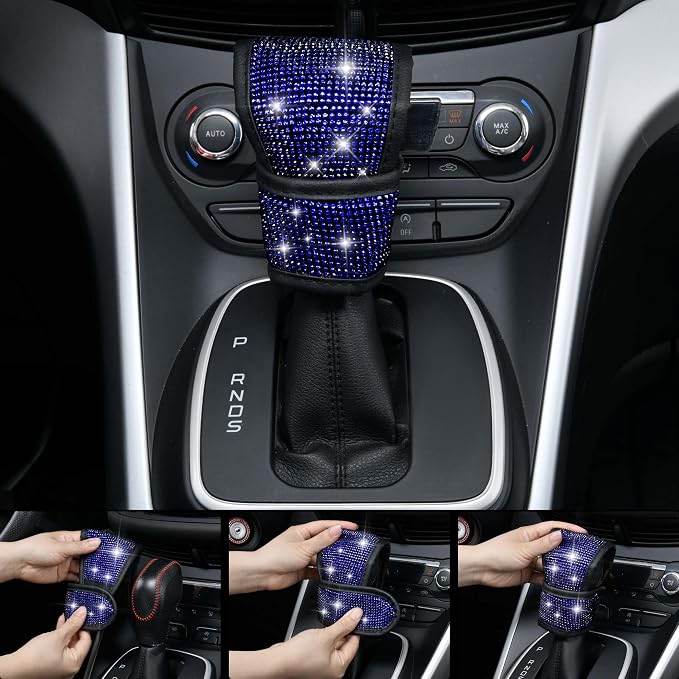 CAR PASS 23 PCS Bling Diamond Car Accessories Set for Women, Leather Seat Covers Full Set Sparkly Rhinestone15'' Steering Wheel Covers Shining Diamond Floor Mats Cute Car Interior Sets,Blue