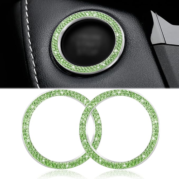 WINKA 2pcs Bling Car Engine Start Button Cover Diamond Crystal Push Start Stop Button Ring Sparkly Bling Ignition Button Cover Rhinestone Keyless Ignition Ring Universal Car Accessories (Light Green)