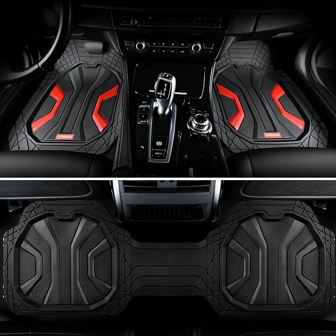 Coverado Car Mats Full Set, Car Floor Mats All Weather, Deep Dish Waterproof Floor Mat, Trim to Fit Automotive Car Mats, Universal Weather Mats for Cars SUV Trucks Sedans Vans (3Pcs,Black&Red)