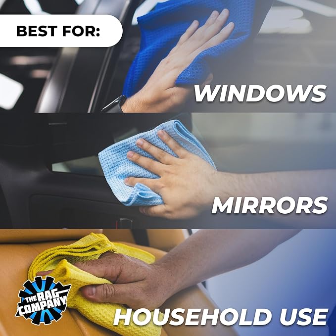 The Rag Company - Standard Waffle Weave Microfiber Towels (3-Pack) Detailing, Window, Glass and Drying, Wax & Polish, Lint-Free, Streak-Free, 370gsm, 16in x 16in, Yellow