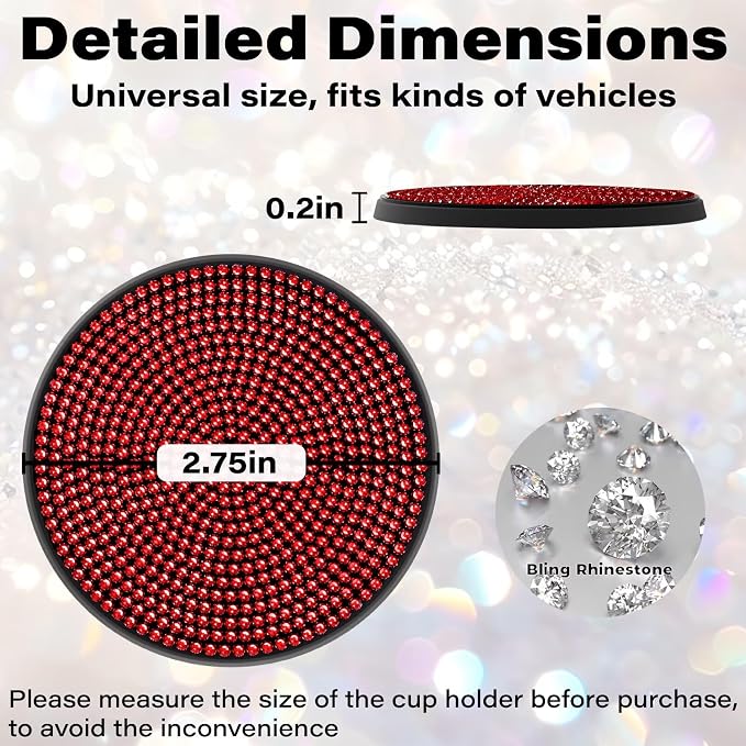 BFXM 4 PCS Bling Cup Holder Coaster, 2.75 inch Diamond Universal Non-Slip Silicone Cup Holder Coasters, Sparkly Bling Car Accessories for Women (Red)