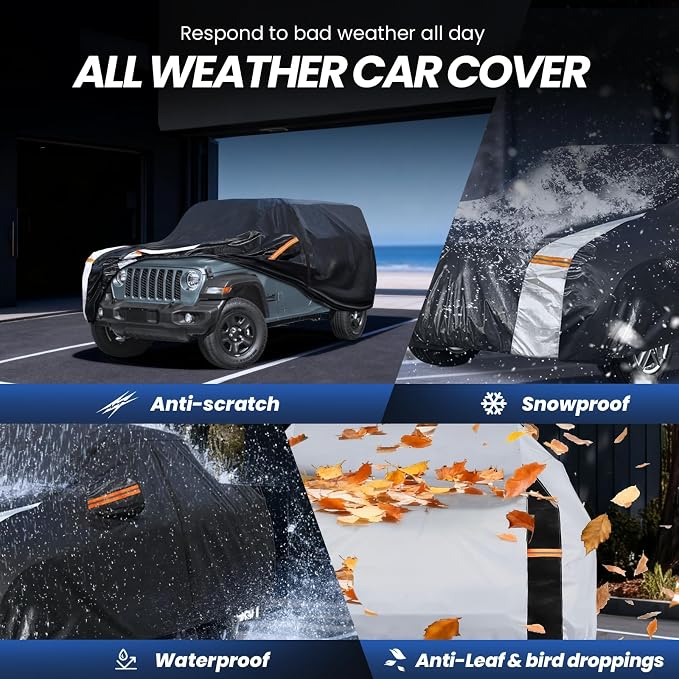 Multi-Layer Car Cover Custom Fit for Jeep wrangler 4 Dr/Unlimited 4 Dr JK JL(1987-2026), 100% Waterproof All Weather for Automobiles, Gift with Towel, Heavy Duty Car Covers for Rain Sun UV Protection.