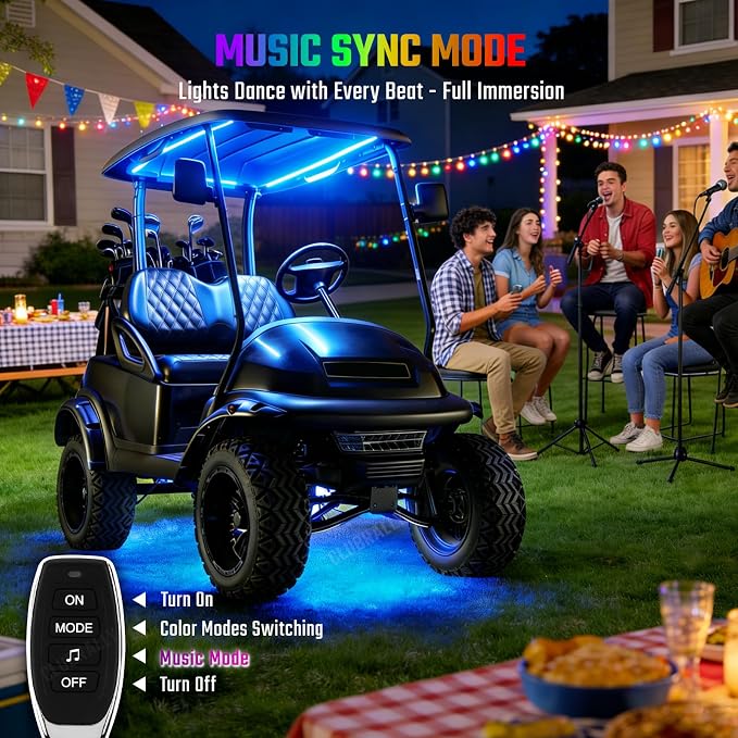 CLUBRALLY 6PCS Golf Cart Underglow LED Light Kit, 28 Modes Full-Body Neon Glow, 12-85V, Music Sync, Wireless Remote, Waterproof Strips, Fits EZGO, Club Car, Yamaha Golf Carts, 6 Pack