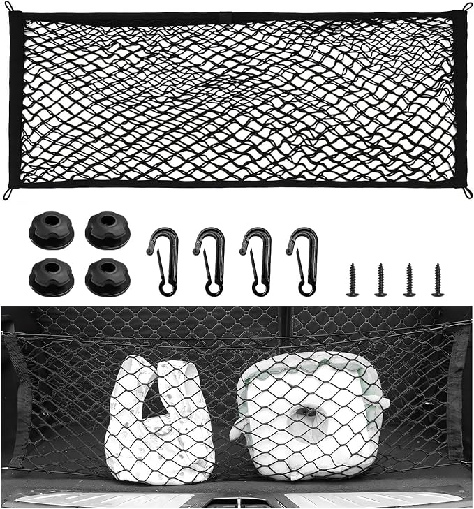 Stretchable Cargo Net, 34.6×12.2 Inch Highly Elastic Auto Trunk Bed Cargo Mesh Organizer with Hooks, Double-Layer Trunk Storage Net Interior Accessories for Car Truck SUV