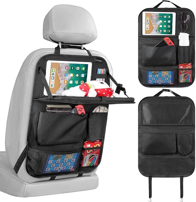 LUCMO Car Backseat Organizer with Foldable Tablet Holder, Black | 6 Storage Pockets,Foldable Food Tray,Protectors Kick Mats,Travel Accessories,Seat Cover,Road Trip Essentials