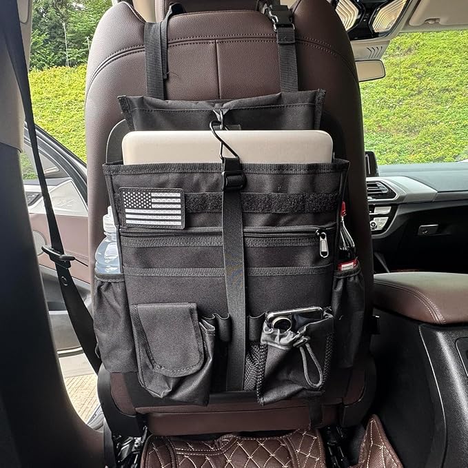 2 Pack Front or Seat back organizer seat side pocket with dedicated tablet and 17 IN laptop storage stabilizers external stabilizing side straps soft adjustable shoulder straps (Large Black)