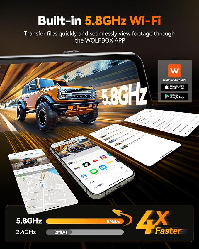 WOLFBOX G900 Tripro 3 Channel 4K Rear View Mirror Camera,8MP STARVIS IMX678 | 256GB Card,12'' 4K+1080P+2.5K Front Inside and Rear,Cabin Version,Night Vision,5.8GHz WiFi,Voice Control,GPS,Car Truck SUV