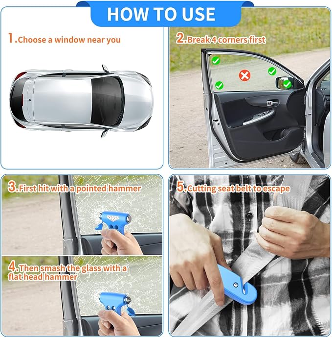 Car Safety Hammer, 3-in-1 Emergency Escape Tool with Window Breaker and Seat Belt Cutter, 2 Pack Safety Emergency Car Escape Tool for Car, Office, Home