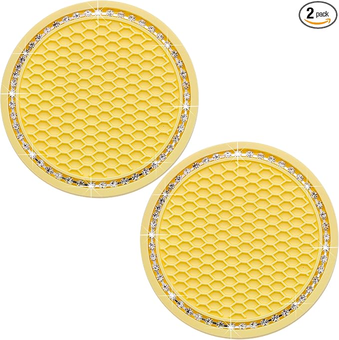2PCS Bling Cup Holder Coaster, 2.75 Inch Auto Car Cup Holder Insert Coasters, Soft Silicone Anti-Slip Shockproof, Universal Vehicle Interior Accessories for Women Girls (Yellow & White)