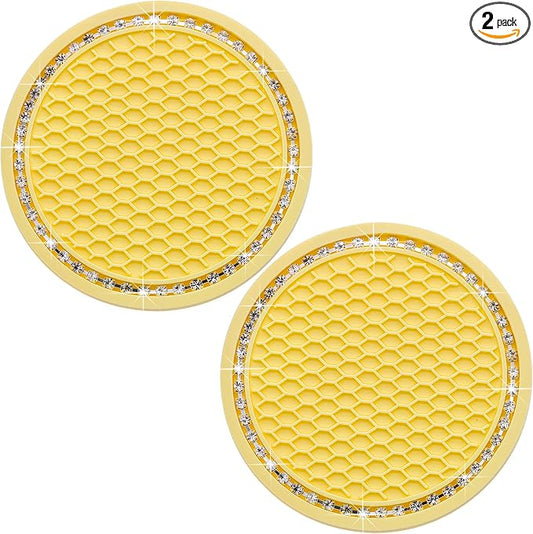 2PCS Bling Cup Holder Coaster, 2.75 Inch Auto Car Cup Holder Insert Coasters, Soft Silicone Anti-Slip Shockproof, Universal Vehicle Interior Accessories for Women Girls (Yellow & White)