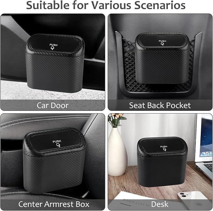 Accmor Car Trash Can with Lid, Mini Vehicle Trash Bin Portable Car Dustbin Garbage Organizer Holder with One Roll Trash Bag, Small Hanging Leakproof Auto Storage Bag Container (Carbon Fiber)