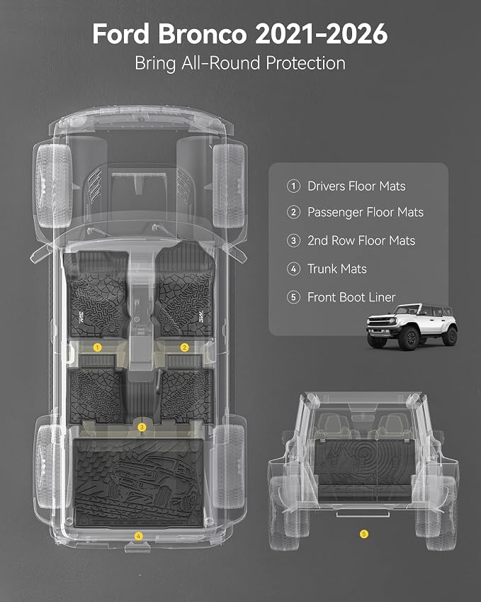 3W Ford Bronco Floor Mats & Cargo Liner & Back Seat Cover Custom Fit for 2021-2025 2026 Bronco 4 Door All Weather Custom Fit Ford Bronco Accessories (Not for Sport & Rubberized Floor)