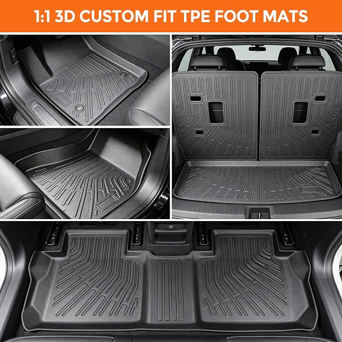Floor Mats for GMC Acadia 6 Passenger (Not for 7 Seat) 2017-2023 | Heavy Duty TPE All Weather Protection, Waterproof Non-Slip Black Liners (Three-Row Floor Mats & Cargo Liner & Seatback Mat)