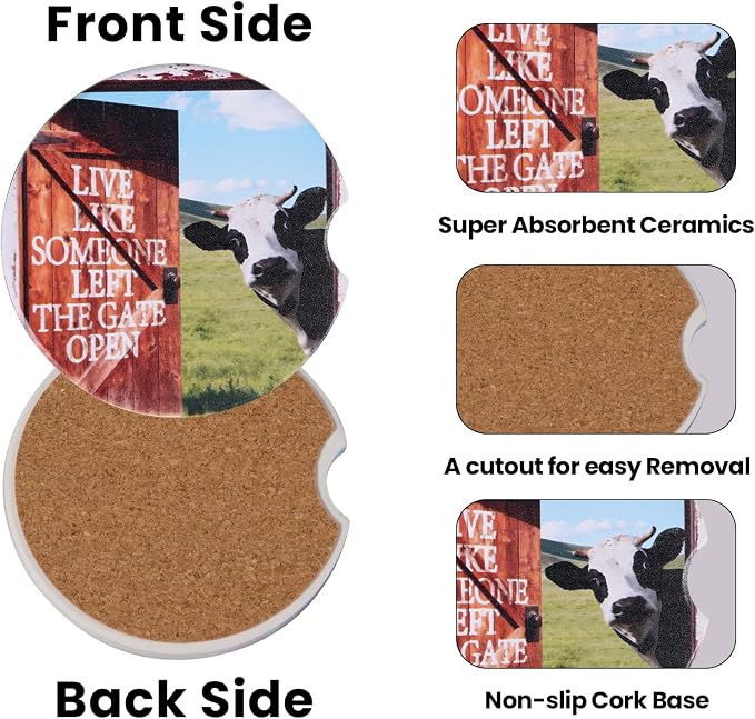 2 Pack Cow Car Print Car Coasters for Men Women Car Cup Holder Coasters, 2.63 Inch Anti Slip Ceramic Absorbent Coaster with Cork Base and Finger Notch, Cute Fun Car Accessories Interior