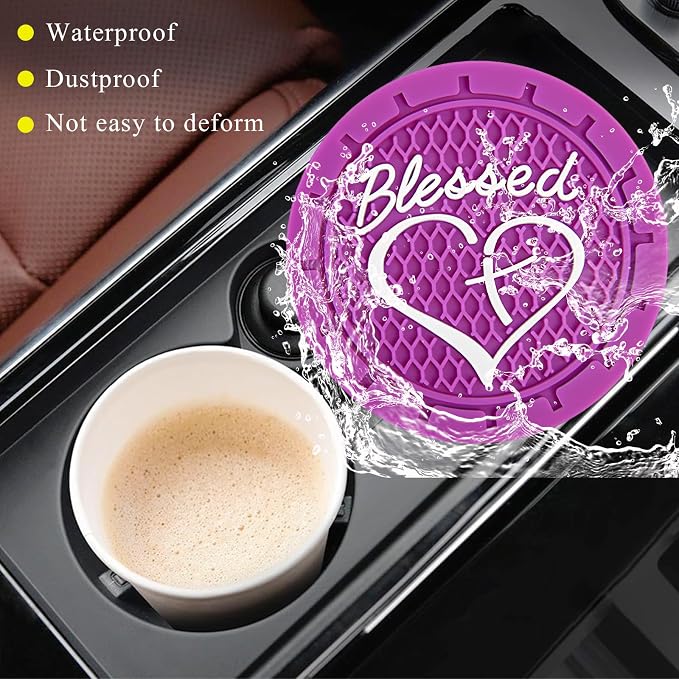 KVAEY 2 PCS Car Cup Holder Coasters, 2.76 Inch Anti Slip Vehicle Drink Mats with Cute Blessed Cross and Heart, Shockproof, Universal Car Accessories (Dark Purple, 2 PCS)