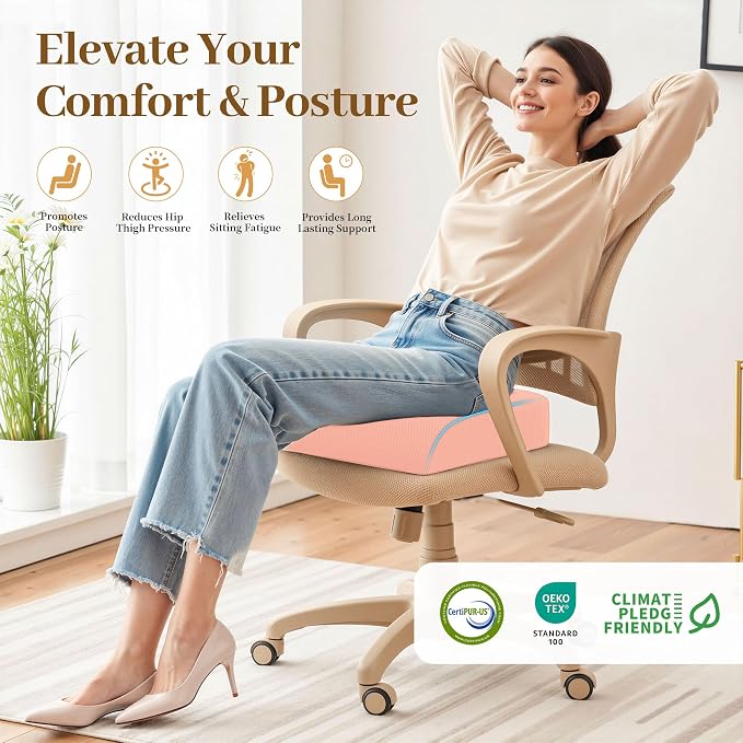 TranquilRelax Large Seat Cushion, Memory Foam Cushion for Long Sitting Hours on Office Chair, Home & Car, Non-Slip Chair Pad for Relieving Back & Sciatica & Hip & Coccyx Pain (Pink)