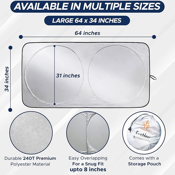 EcoNour Car Front Windshield Sun Shade for Car | SUV Accessories for Maximum Sun and Heat Protection | UV-Blocking Windshield Dash Cover & Sun Visor for Cooler Interior | Large (64 x 34 Inches)