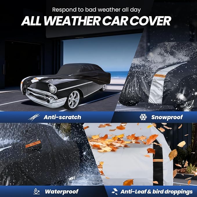 Multi-Layer Car Cover Custom Fit for Chevrolet Bel Air(1953-1957), 100% Waterproof All Weather for Automobiles, Gift with Towel, Heavy Duty Car Covers for Rain Sun UV Protection with Door Zipper.