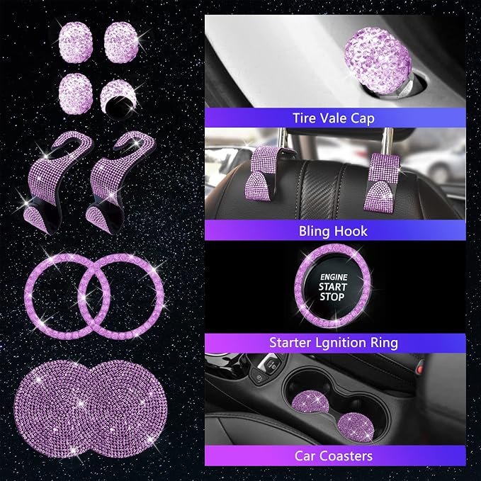 25PCS Bling Car Car Accessories Set,15 Inch Steering Wheel Cover,Shiny License Plate Frame,Center Console Cover and Rearview Mirror Set and Other Car Accessories(Purple)