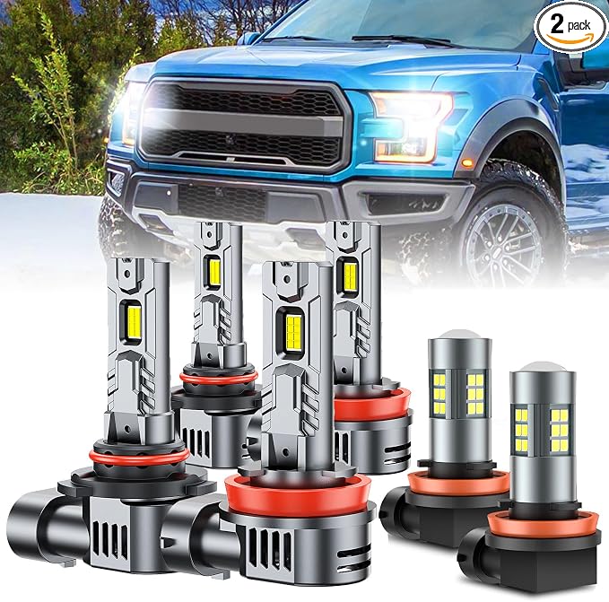 SEALIGHT H8/H9/H11 9005/HB3 Light Bulb Combo and H11/H8 Fog Light Bulbs, 100,000LM Ultra-Bright 6500K 9005 H11 Bulbs with Cooling Fan, 360° Illumination True Plug N Play, Non-polarity, Pack of 6