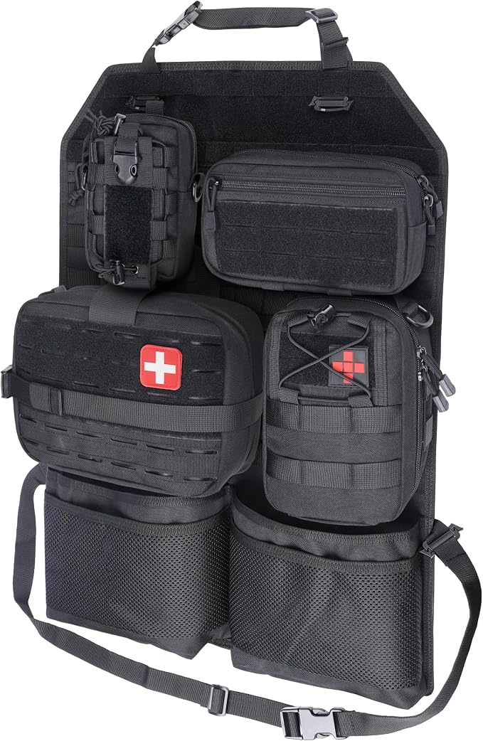 WYNEX MOlle Car Backseat Organizer Detachable 4 Molle Pouches for Road Trip | Truck Seat Back Storage & Organizer Molle Panel with Tactical Bag, Fits Most Cars, SUVs, Pickups, Jeepd, Trucks, Vans