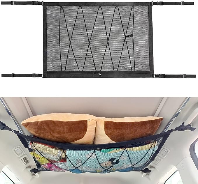 Car Ceiling Storage Net | Double Zipper, Adjustable Strap Prevent Falling, Double-Layer Mesh Long Road Trip Camping Van SUV Roof Cargo Pocket Organizer for Putting Quilt Toys Towel Sundries