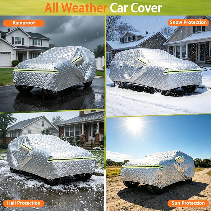 7 Layers Waterproof Heavy Duty Car Covers for Automobiles All Weather Season Anti-Hail UV Protection Snowproof Outdoor 15.4LBS Full Cover Universal Fit SUV 201" to 206"(Silver)