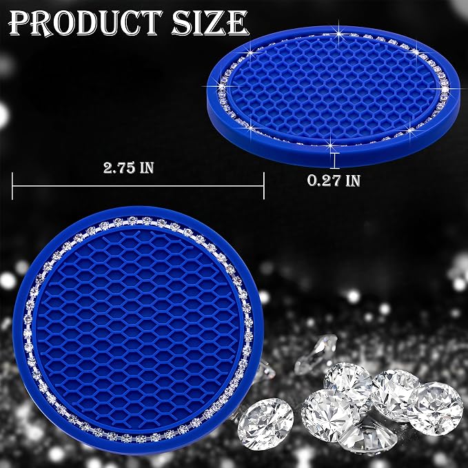 4PCS Bling Cup Holder Coaster, 2.75 Inch Auto Car Cup Holder Insert Coasters, Soft Silicone Anti-Slip Shockproof, Universal Vehicle Interior Accessories for Women Girls (Deep Blue & White)