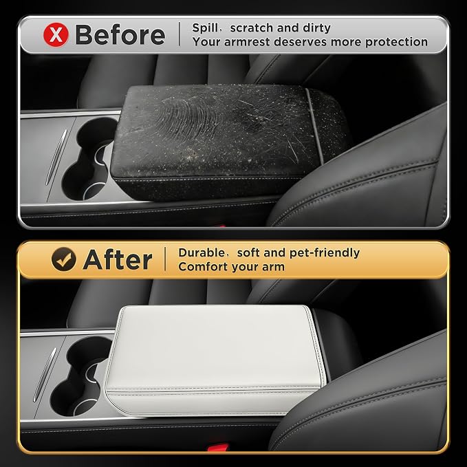 for Tesla Model Y (2020-2024) & Model 3(2021-2023) Leather Center Console Cover [Soft Touch & Match Seat Color] Armrest Cover for Tesla Model 3 & Model Y Accessories White